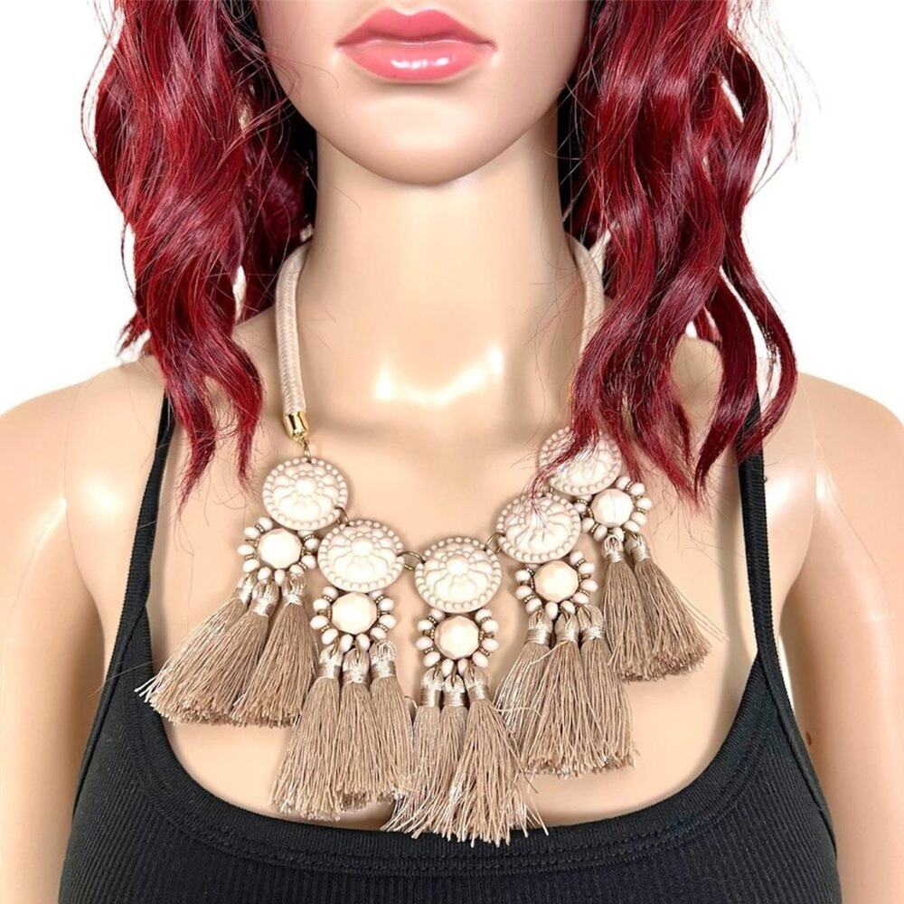 Blush Pink Boho Tassel Statement Necklace